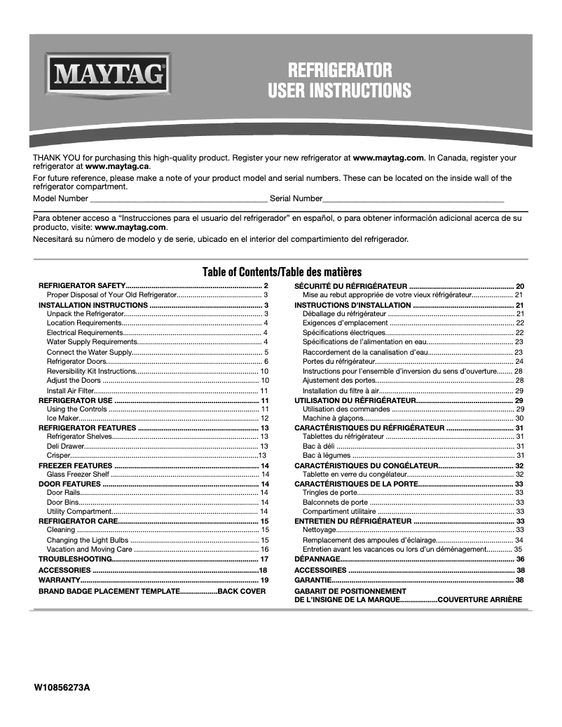Page 1 de la notice Manuel d'utilisation et d'entretien Maytag MRT311FFFZ