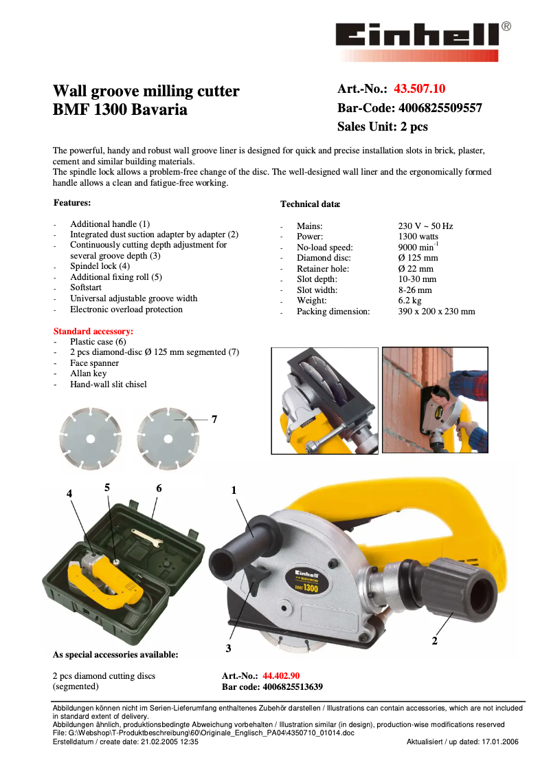 Page 1 de la notice Fiche technique Bavaria by Einhell BMF 1300