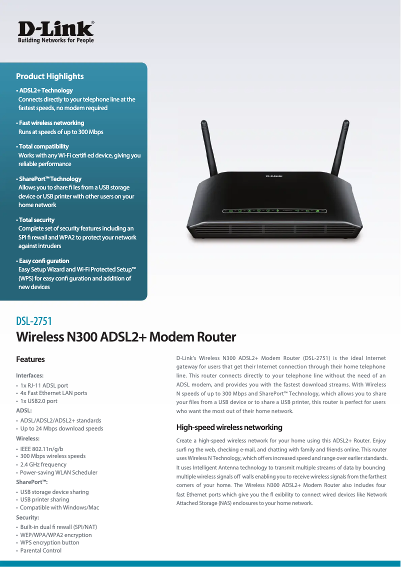 Page 1 de la notice Fiche technique D-Link N300 ADSL2+