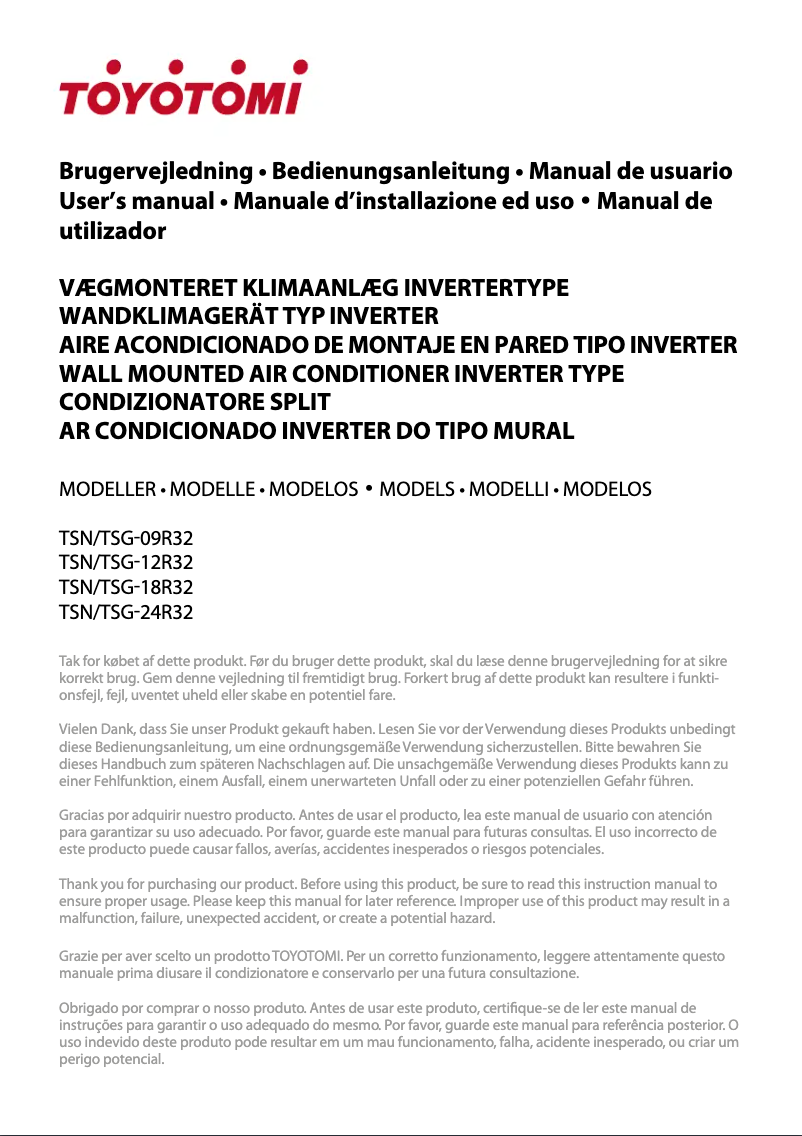 Page 1 de la notice Manuel utilisateur Toyotomi TSN/TSG-18R32