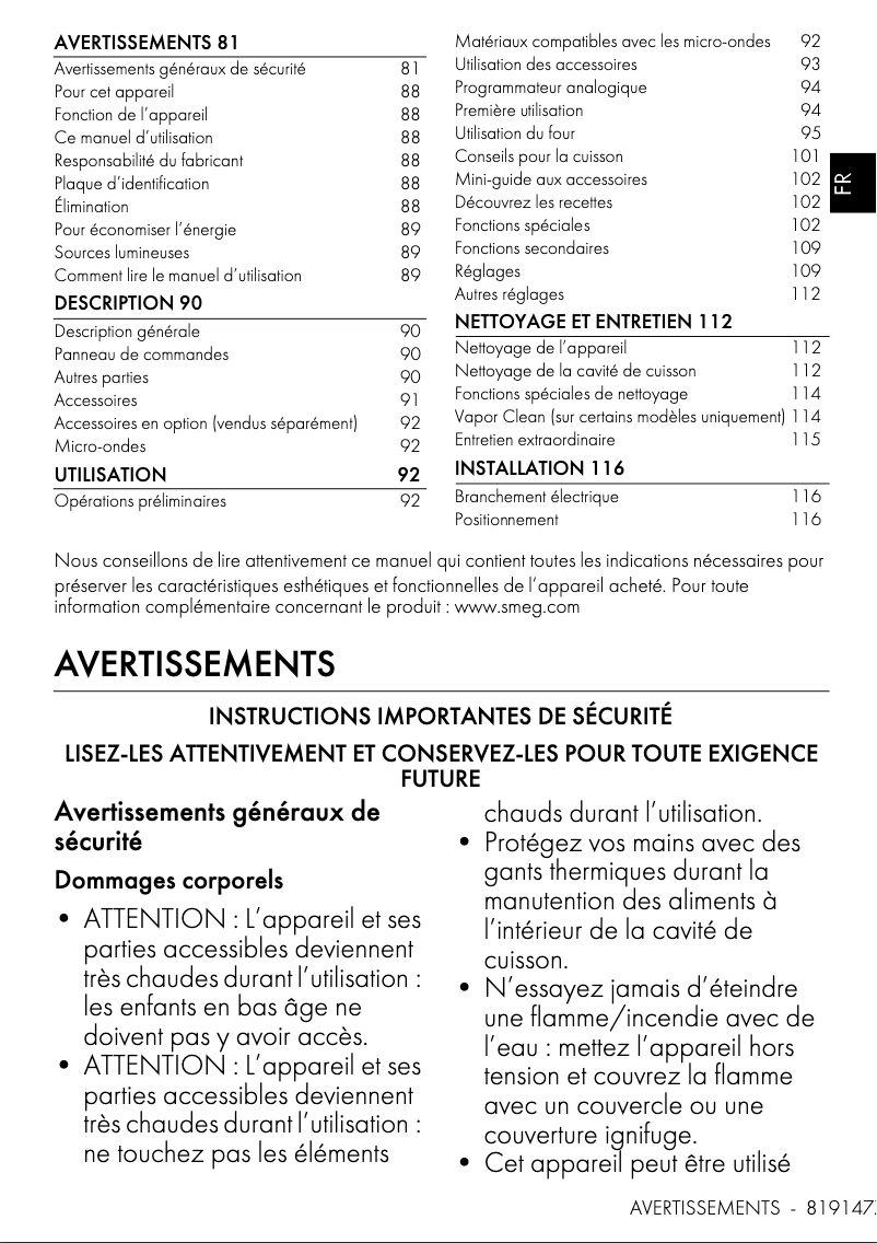 Page 1 de la notice Manuel utilisateur Smeg SO6302M2N