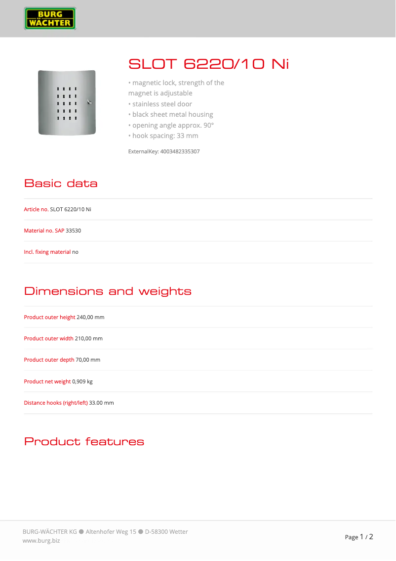 Page 1 de la notice Manuel utilisateur Burg Wächter SLOT 6220/10 Ni