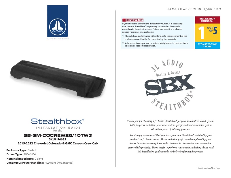 Page 1 de la notice Manuel utilisateur JL Audio Stealthbox SB-GM-COCREW2G/10TW3