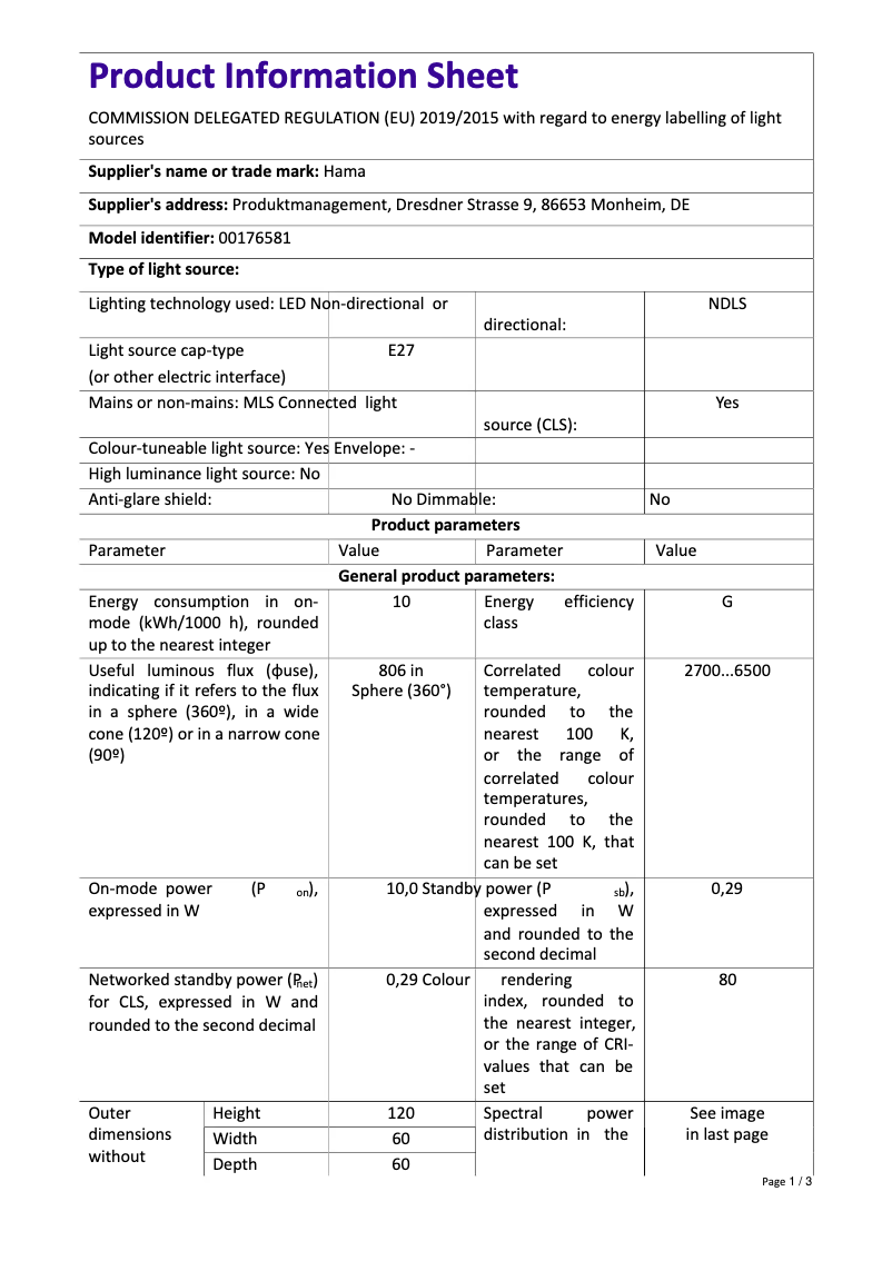 Page 1 de la notice Fiche technique Hama 00176581
