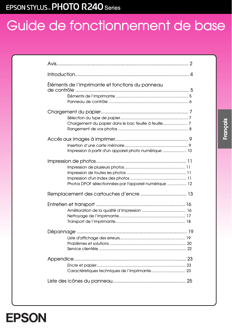 Page n°1 - Manuel utilisateur Epson Stylus Photo R240