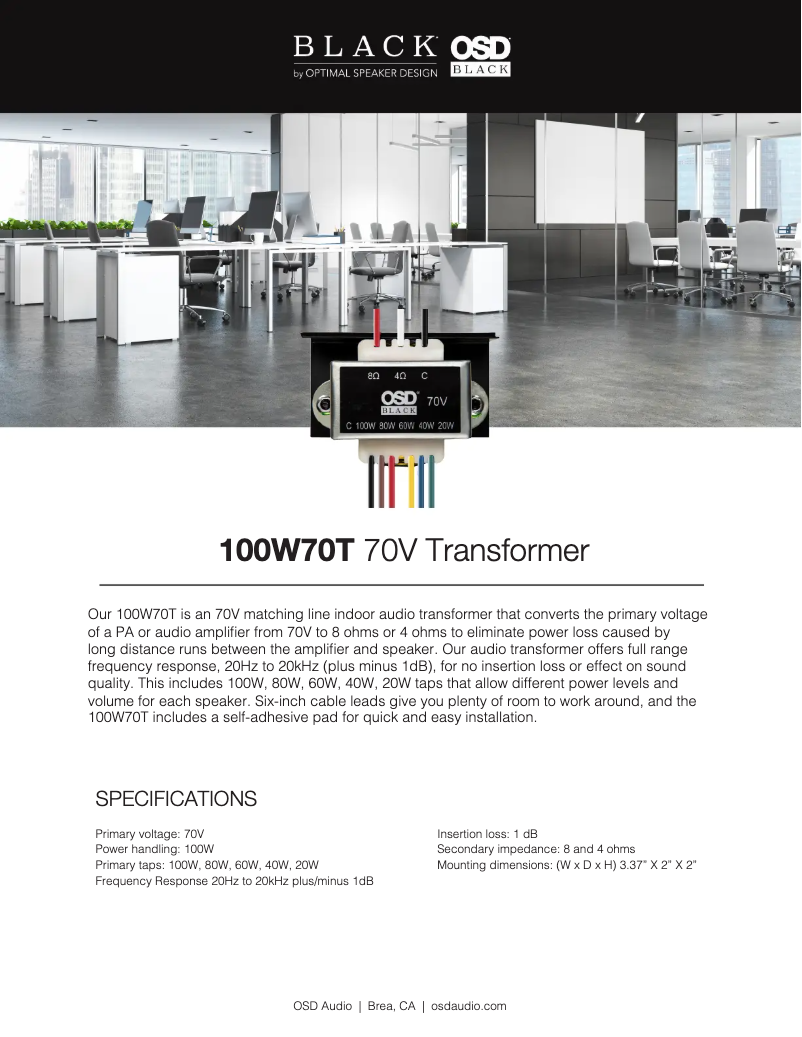 Page 1 de la notice Fiche technique OSD Audio BK-100W70T