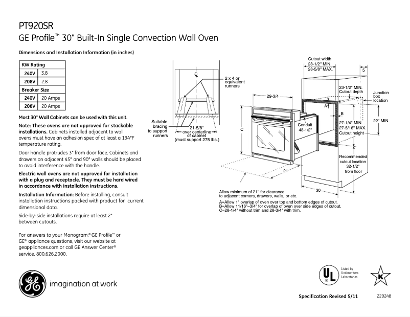 Page 1 of the manual Technical Sheet GE PT920SRSS
