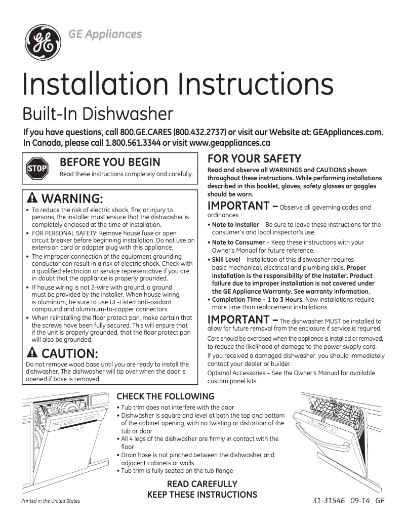 Page 1 of the manual Installation Guide GE GDT720SGFWW