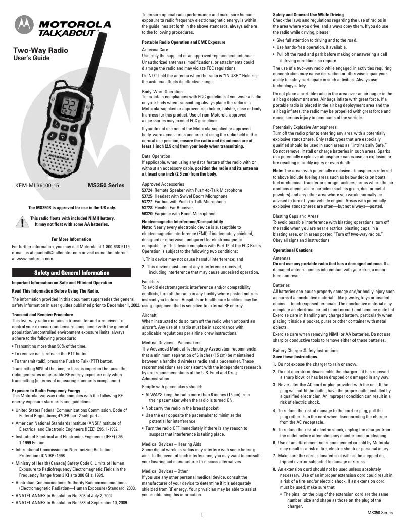 Page 1 de la notice Manuel utilisateur Motorola MS355R