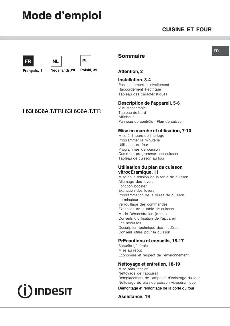 Page n°1 - Mode d'emploi Indesit I63I 6C6A.T(X)/FR