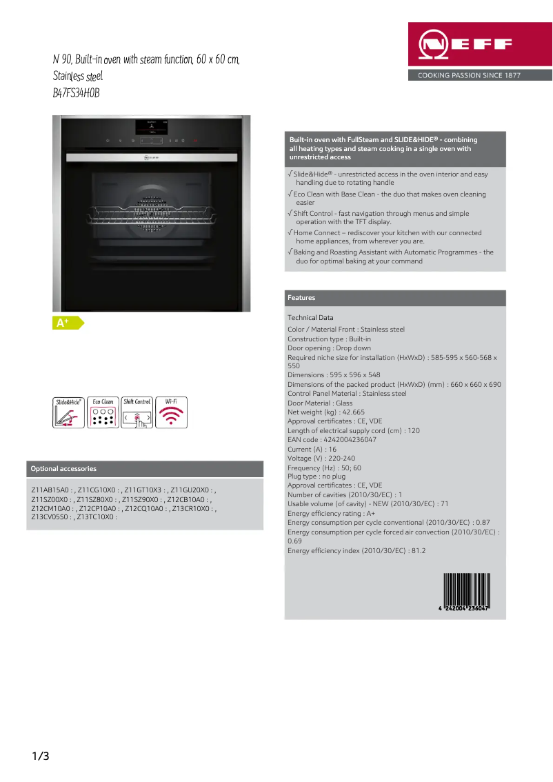 Page 1 de la notice Fiche technique Neff B47FS34H0B