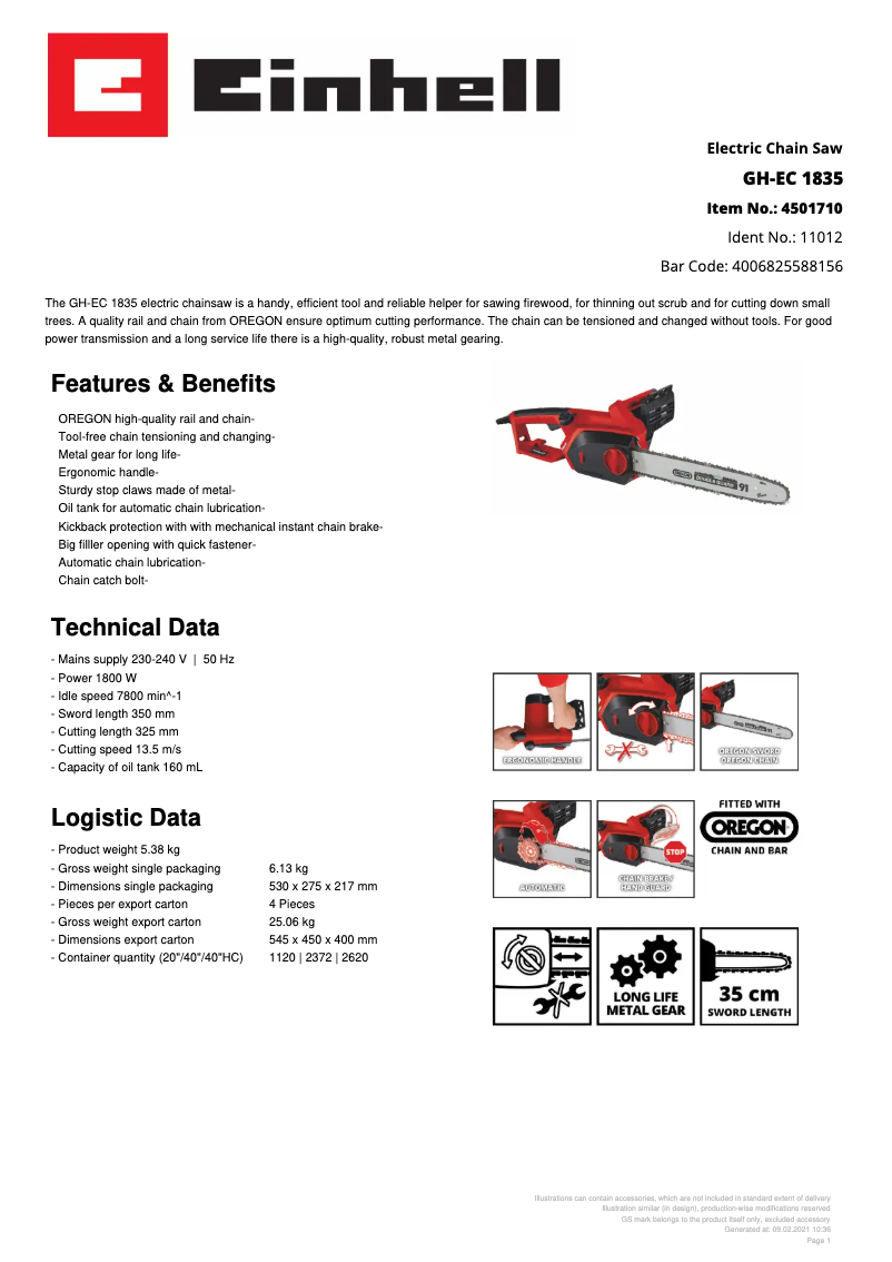 Page 1 de la notice Fiche technique Einhell GH-EC 1835