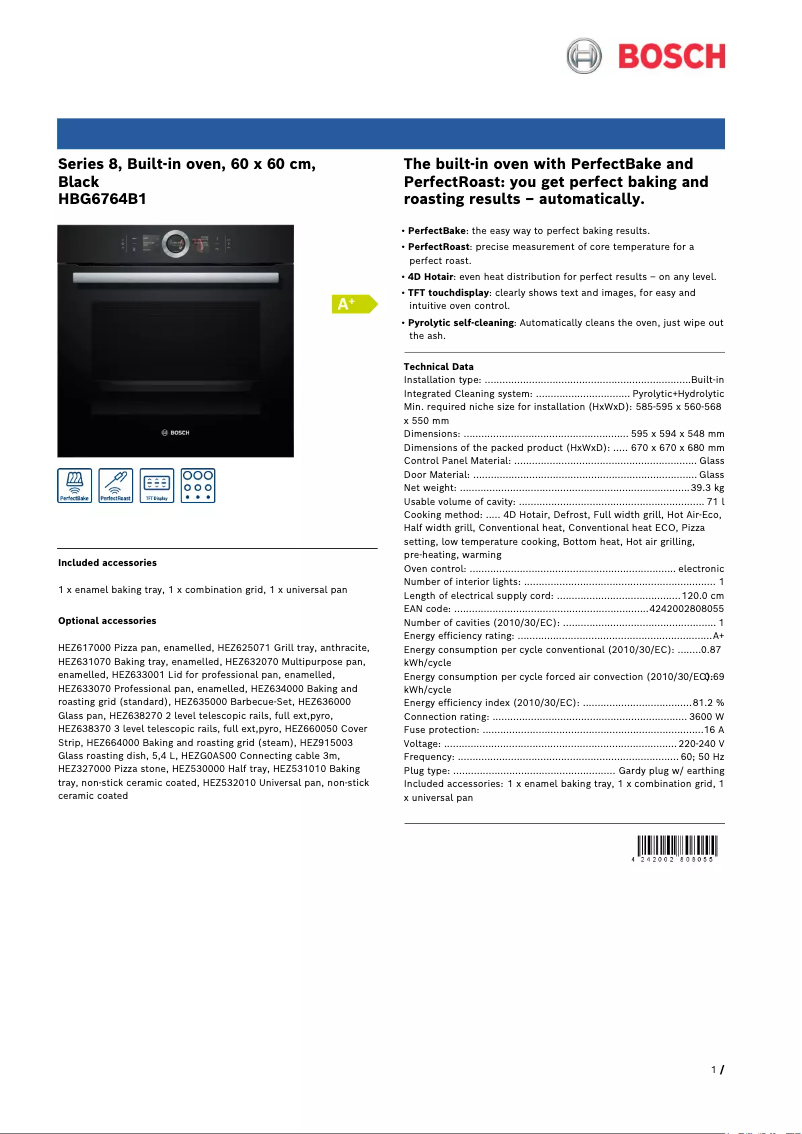 Page 1 de la notice Fiche technique Bosch HBG6764B1