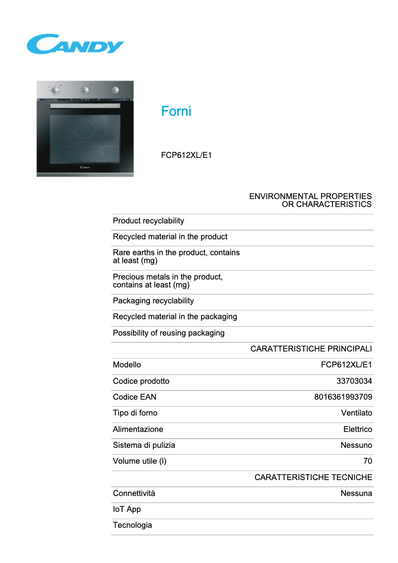 Page 1 de la notice Fiche technique Candy FCP612XL/E1