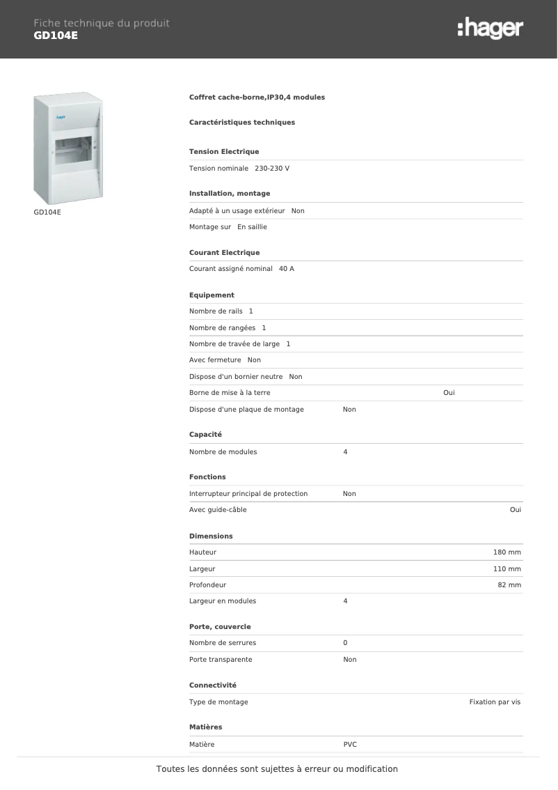Page n°1 - Fiche technique Hager GD104E