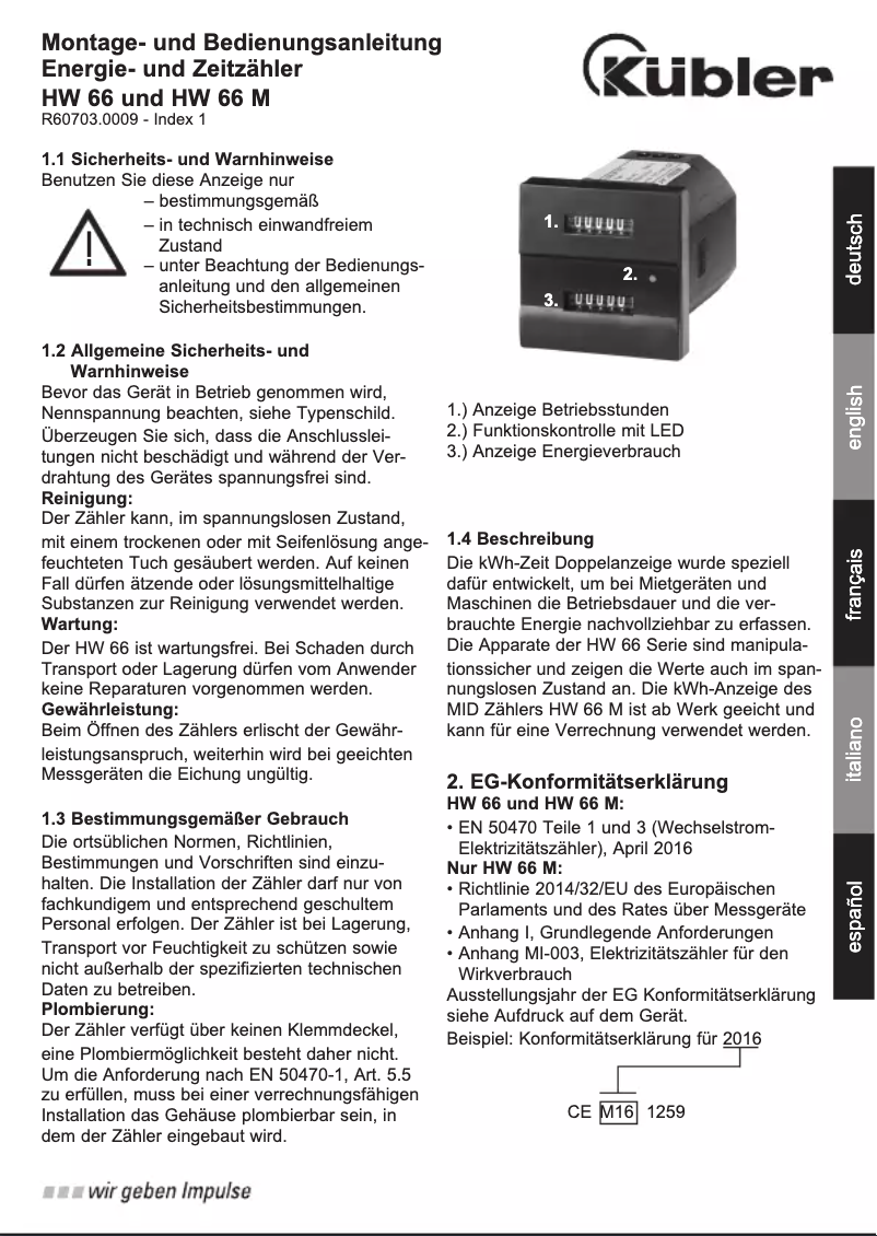 Page n°1 - Manuel utilisateur Kübler HW 66 M