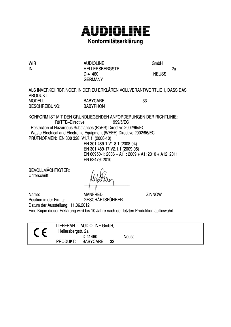 Page 1 de la notice Manuel utilisateur Audioline Baby Care 33