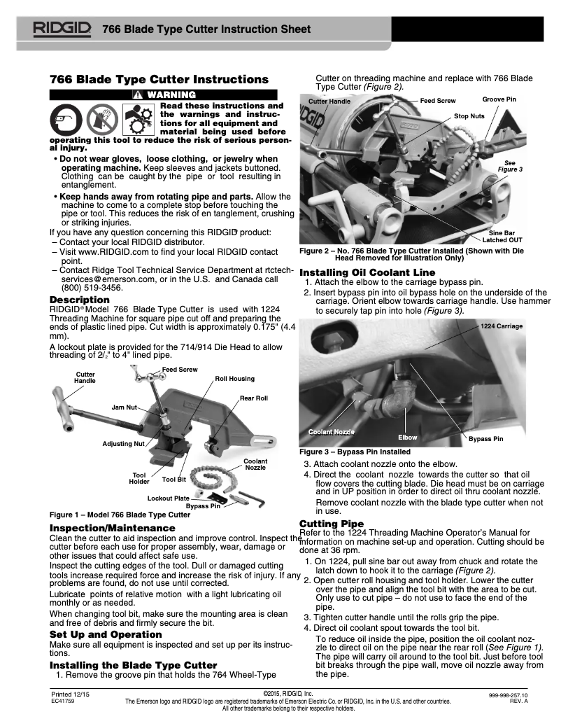 Page 1 de la notice Instructions / montage Ridgid 1224