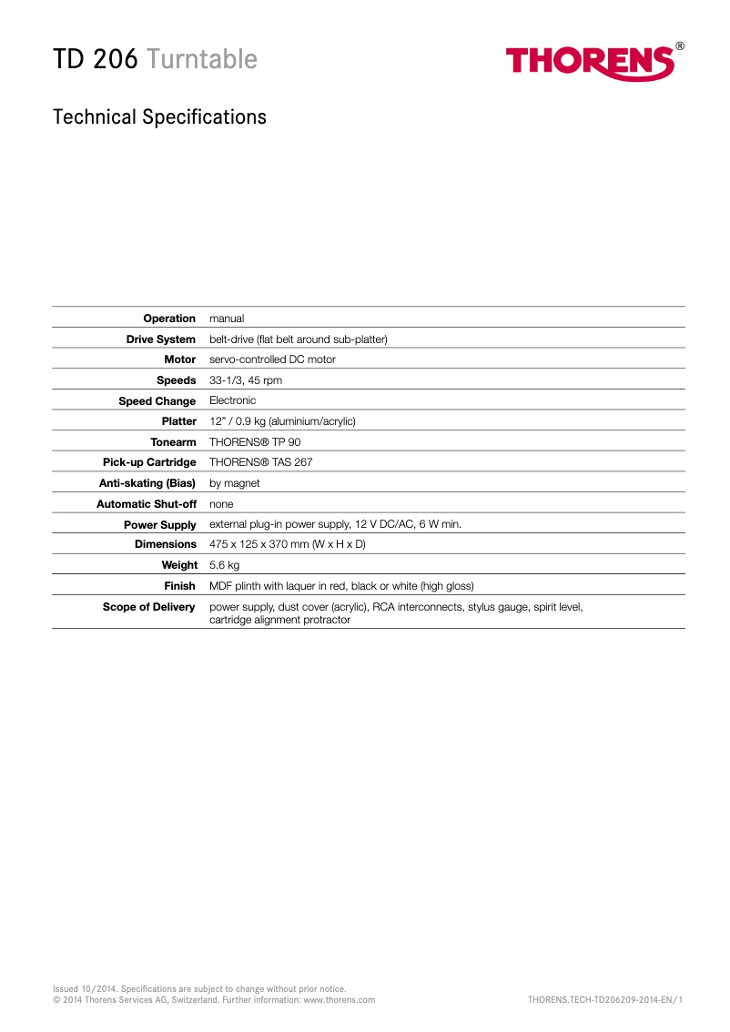 Page 1 de la notice Fiche technique Thorens TD 209