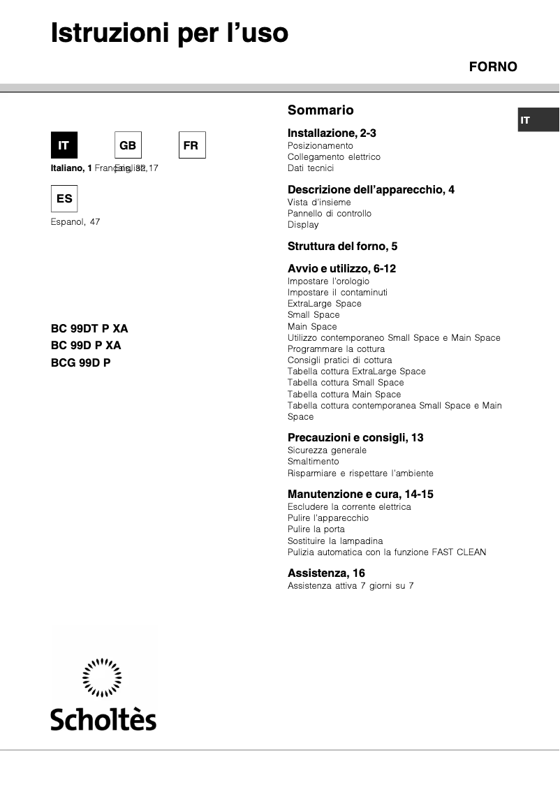 Page 1 de la notice Manuel utilisateur Scholtès BC 99D P XA