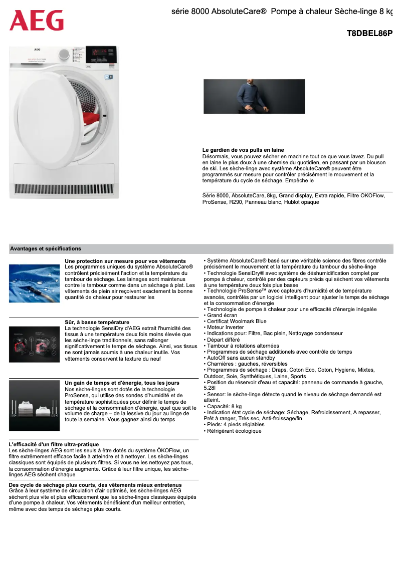 Page n°1 - Fiche technique AEG T8DBEL86P