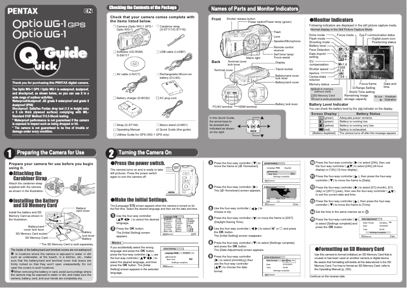 Page 1 de la notice Guide de démarrage rapide Pentax Optio WG-1 GPS