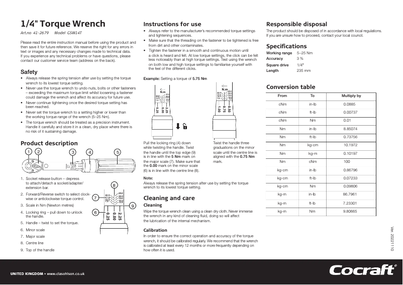Page 1 de la notice Manuel utilisateur Cocraft GSW14T