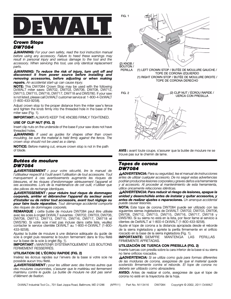 Page 1 de la notice Manuel utilisateur DeWalt DW7084