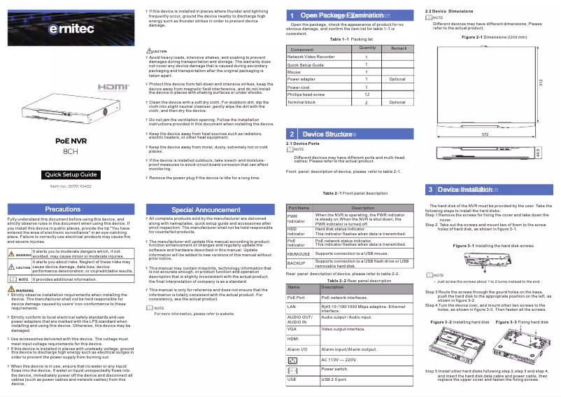 Page n°1 - Manuel utilisateur Ernitec 0070-10402