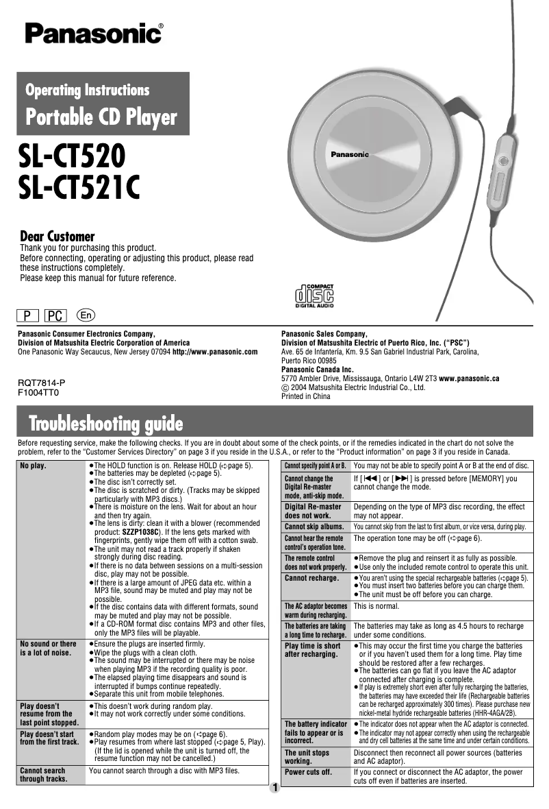 Page 1 de la notice Manuel utilisateur Panasonic SL-CT521C