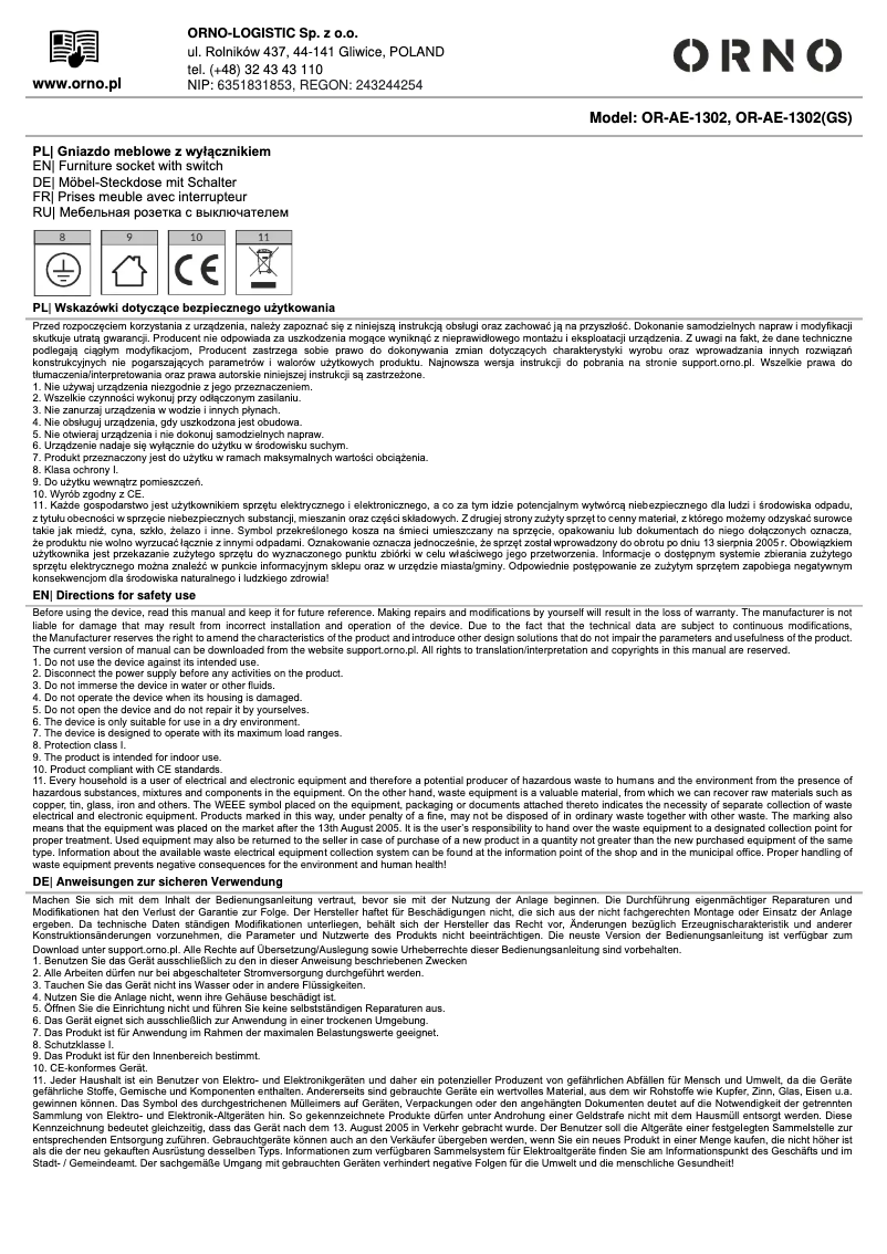 Page 1 de la notice Manuel utilisateur ORNO OR-AE-1302