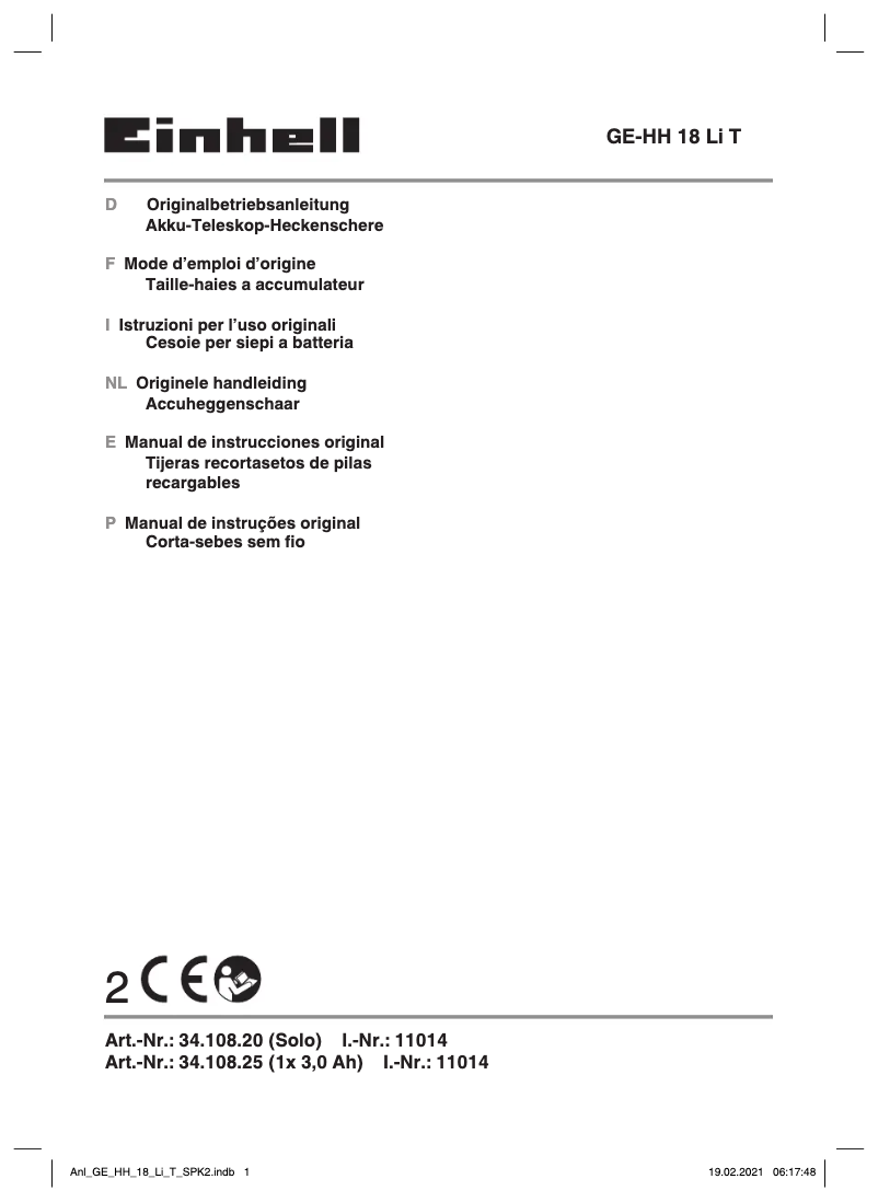 Page 1 de la notice Manuel utilisateur Einhell GE-HH 18 LI T Kit