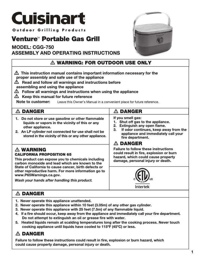 Page 1 de la notice Manuel utilisateur Cuisinart Venture CGG-750