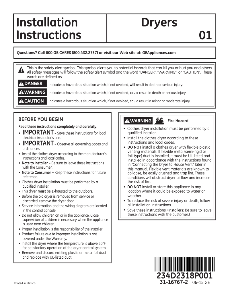 Page n°1 - Guide d'installation GE GTD45GASJWS