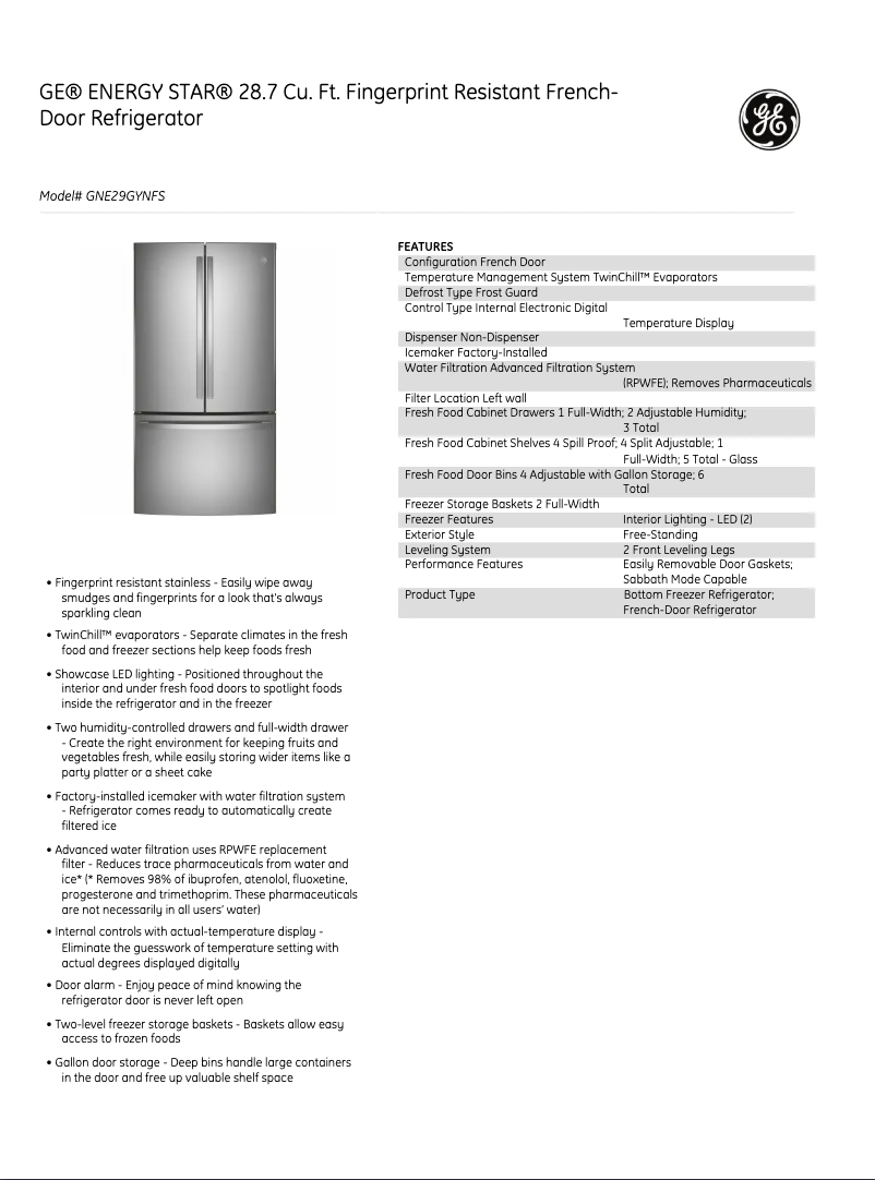 Page 1 de la notice Fiche technique GE GNE29GYNFS