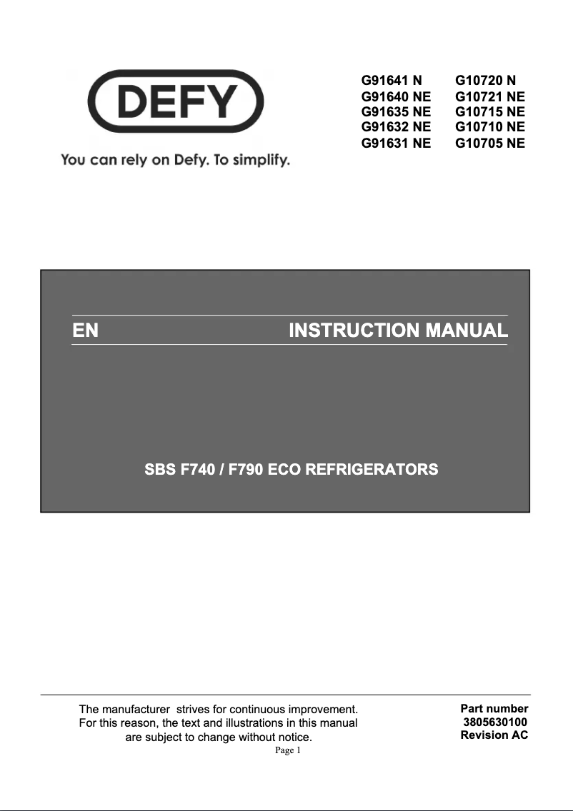 Page 1 de la notice Manuel utilisateur Defy G91632 NE