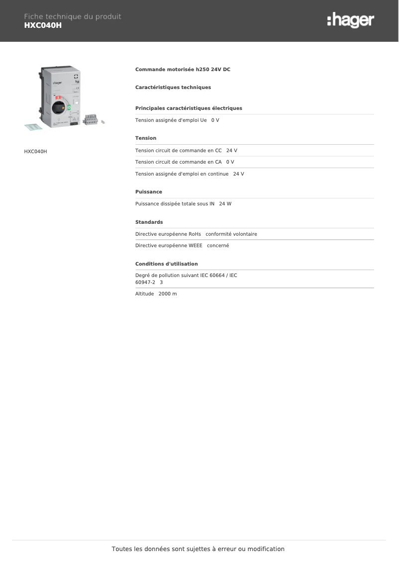 Page 1 de la notice Fiche technique Hager HXC040H