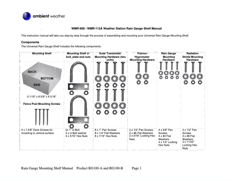 Page 1 de la notice Manuel utilisateur Ambient Weather RG100-B