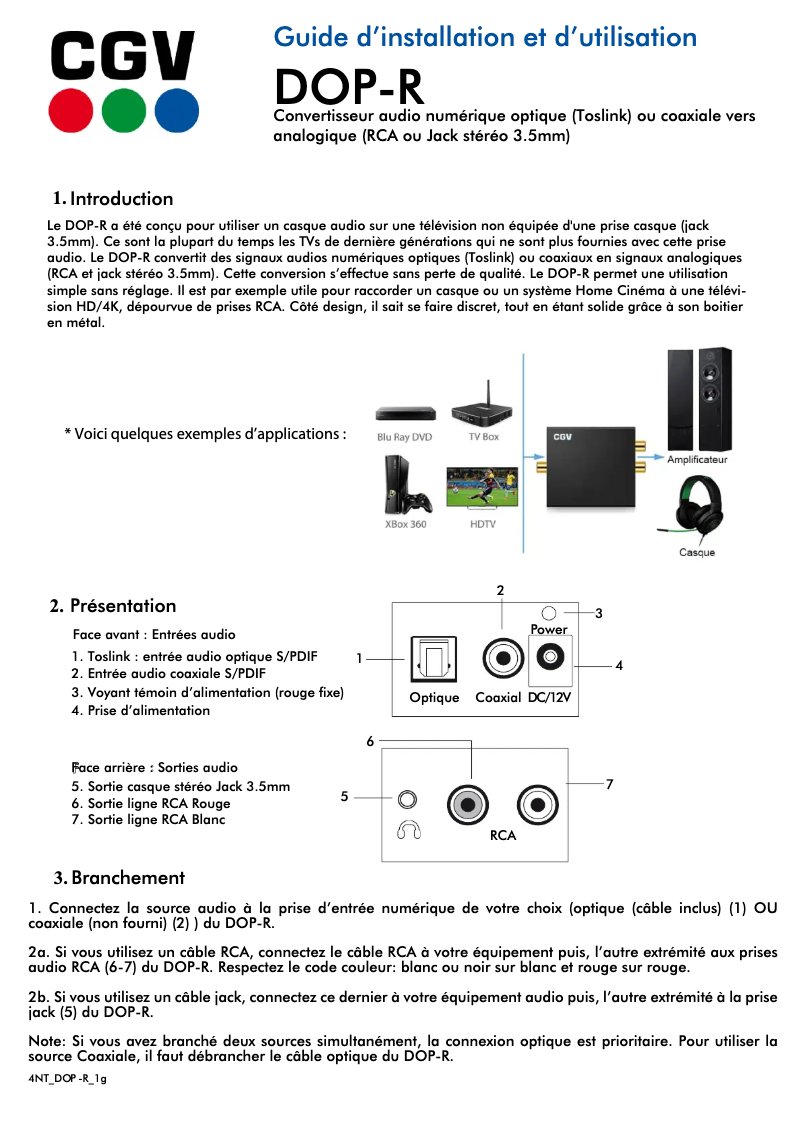 Page 1 de la notice Manuel utilisateur CGV DOP-R