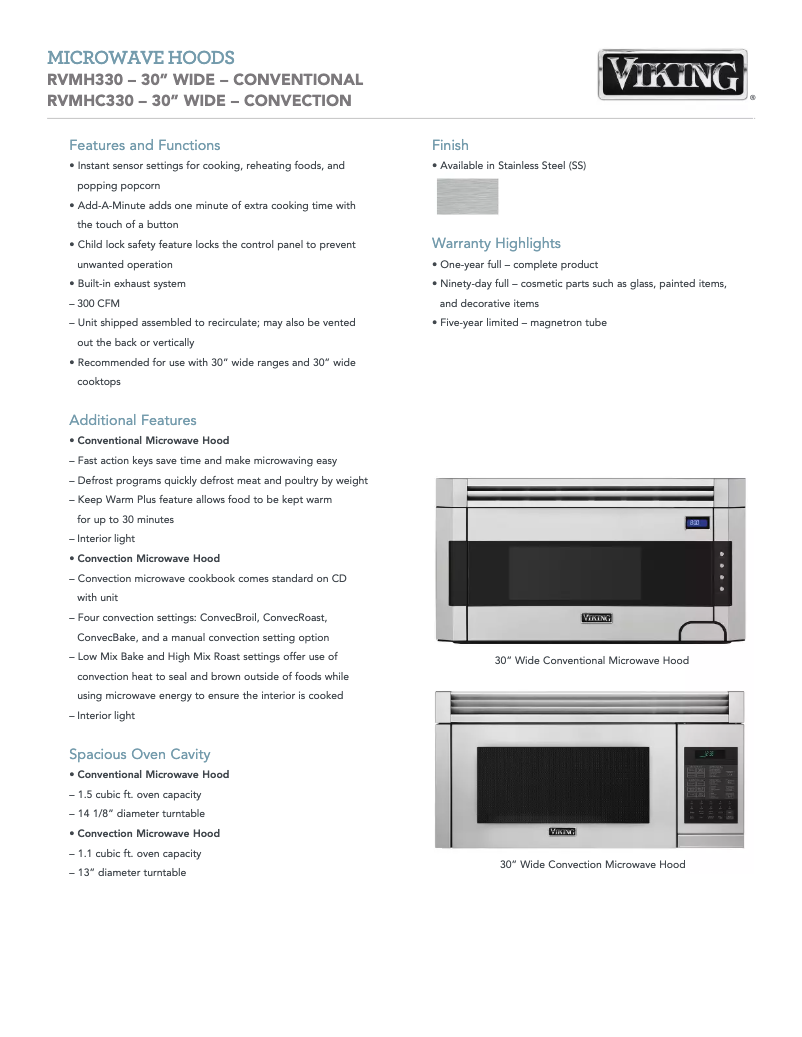 Page 1 of the manual Technical Sheet Viking RVMH330SS