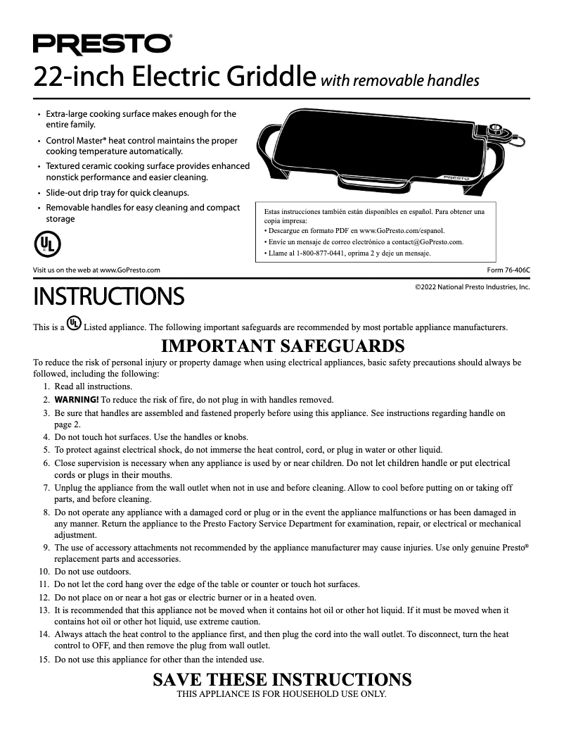Página 1 del manual Manual de usuario Presto 22-inch Electric Griddle 07062