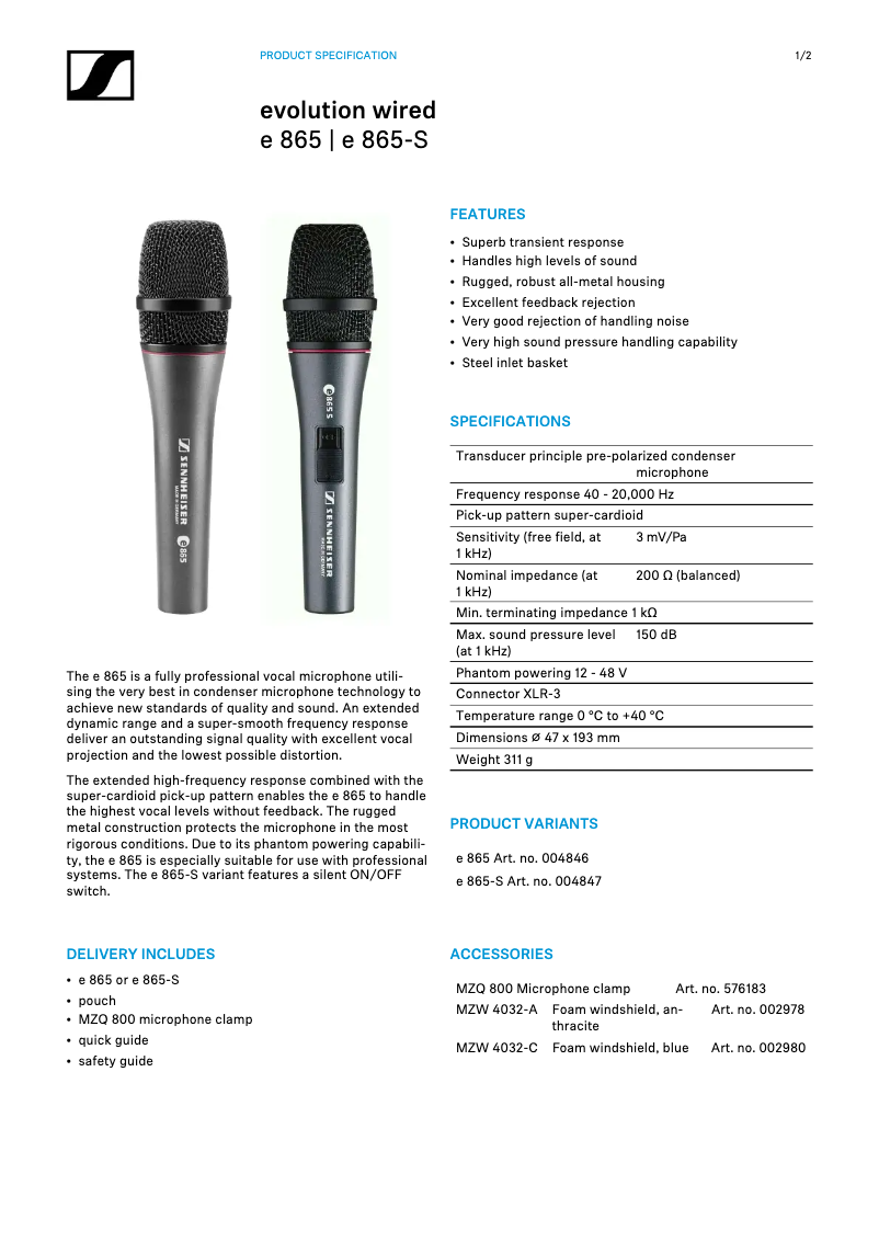 Page n°1 - Fiche technique Sennheiser Evolution E865
