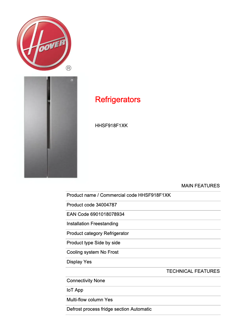 Page n°1 - Fiche technique Hoover HHSF918F1XK