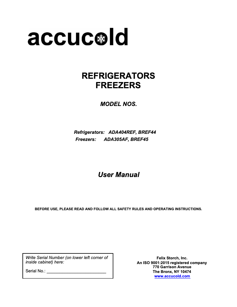 Page 1 de la notice Manuel utilisateur Accucold ADA305AF