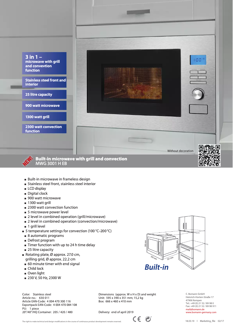 Page 1 de la notice Fiche technique Bomann MWG 3001 H EB