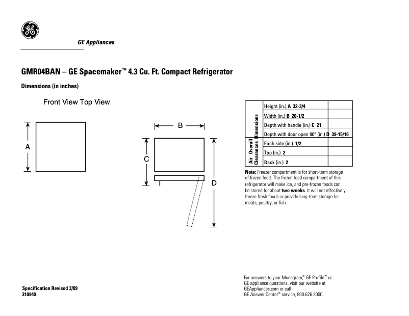 Page n°1 - Fiche technique GE Spacemaker GMR04BANBB