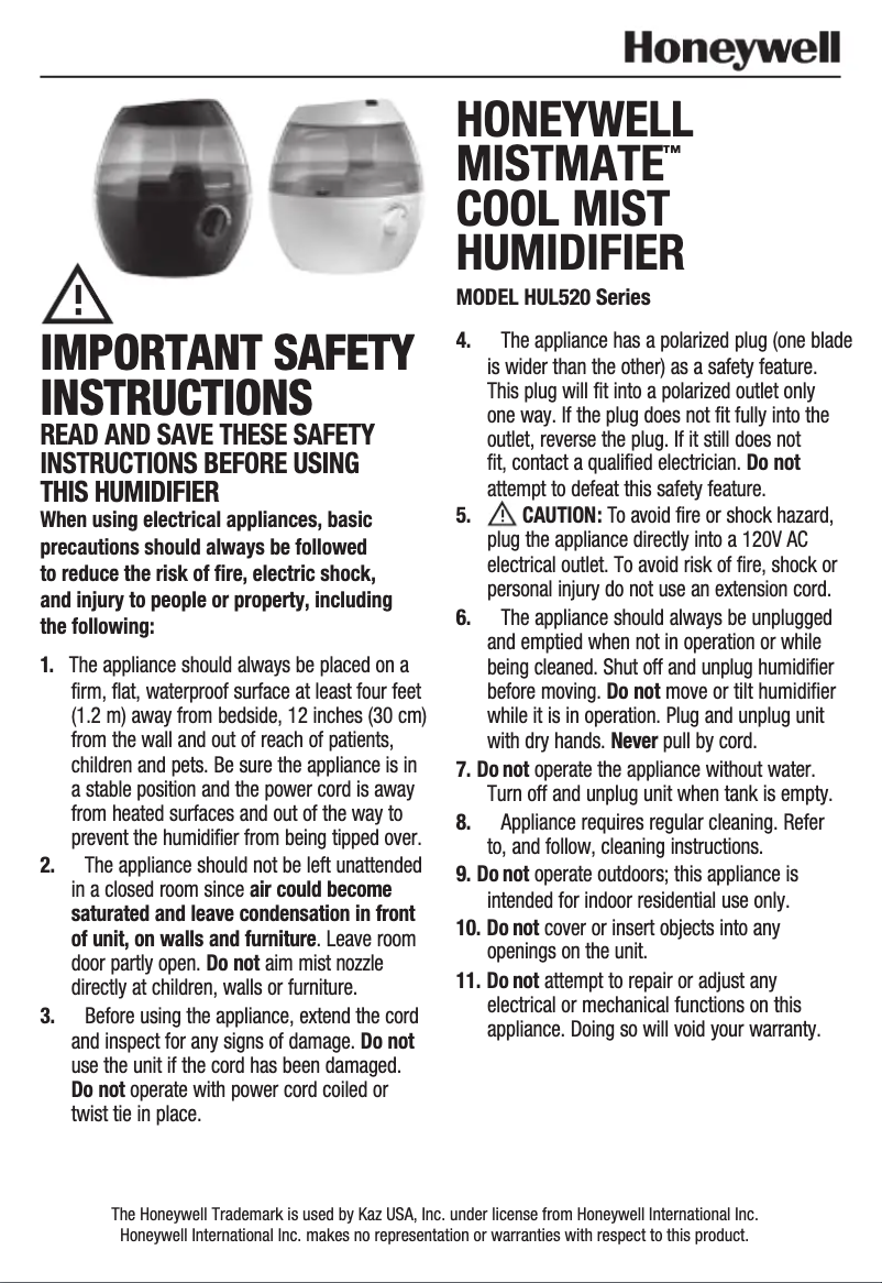 Page 1 de la notice Manuel utilisateur Honeywell MistMate HUL520B