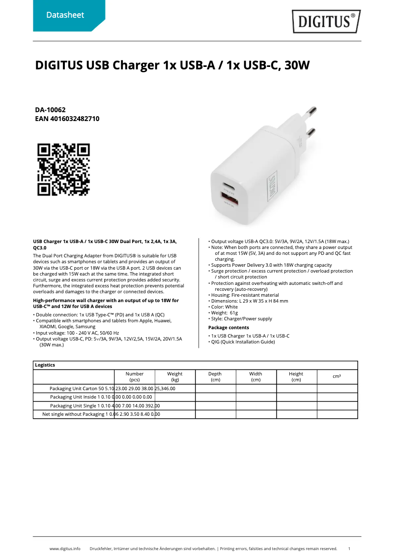 Page 1 de la notice Fiche technique Digitus DA-10062