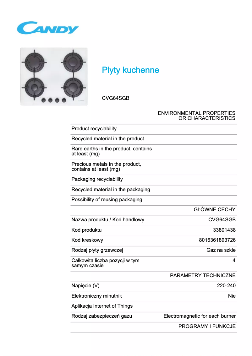 Page 1 de la notice Fiche technique Candy CVG64SGB