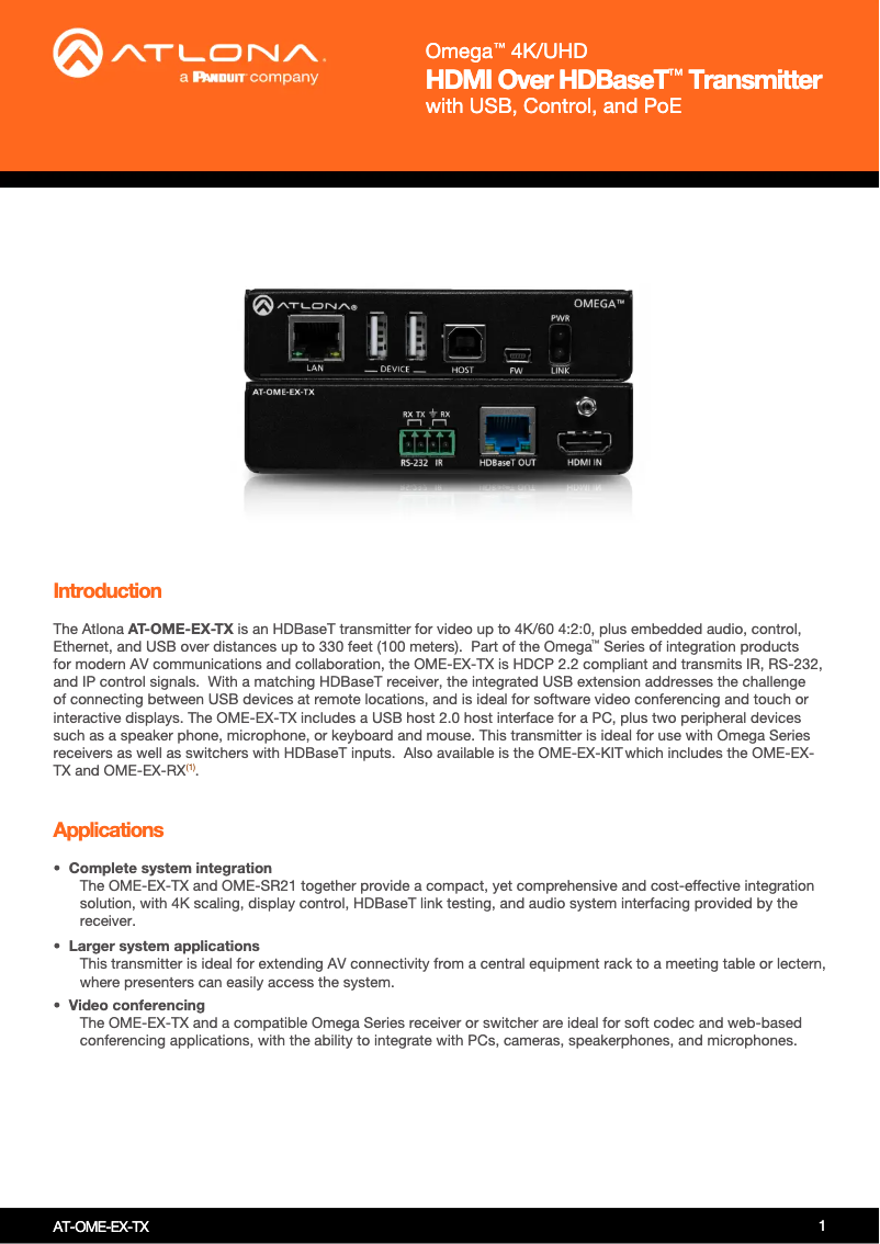 Page 1 de la notice Fiche technique Atlona AT-OME-EX-TX
